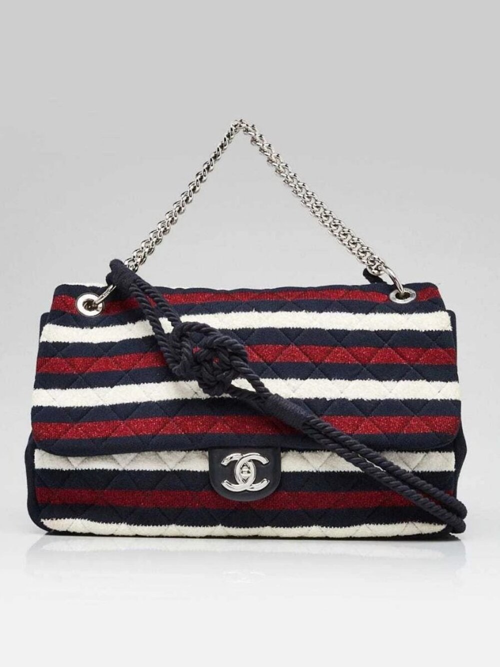 Chanel Red White and Blue Quilted Jersey Rope Single Flap Bag